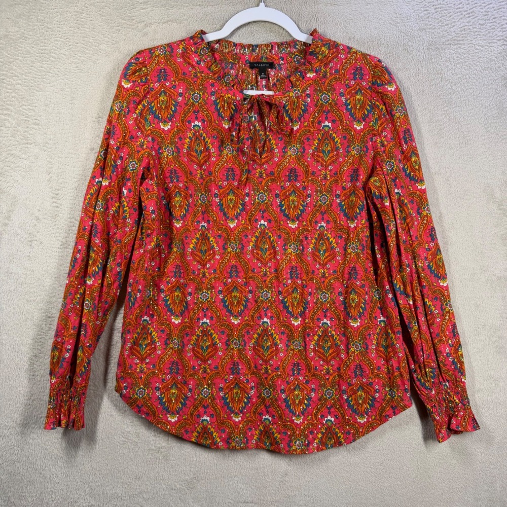 Talbots Blouse Women Medium Paisley Metallic Gold Ruffle Tie Neck Popover